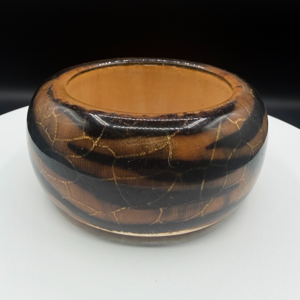 Chunky Brown Black Resin Bangle Bracelet Gold Tone Crackle Mosaic Boho Statement